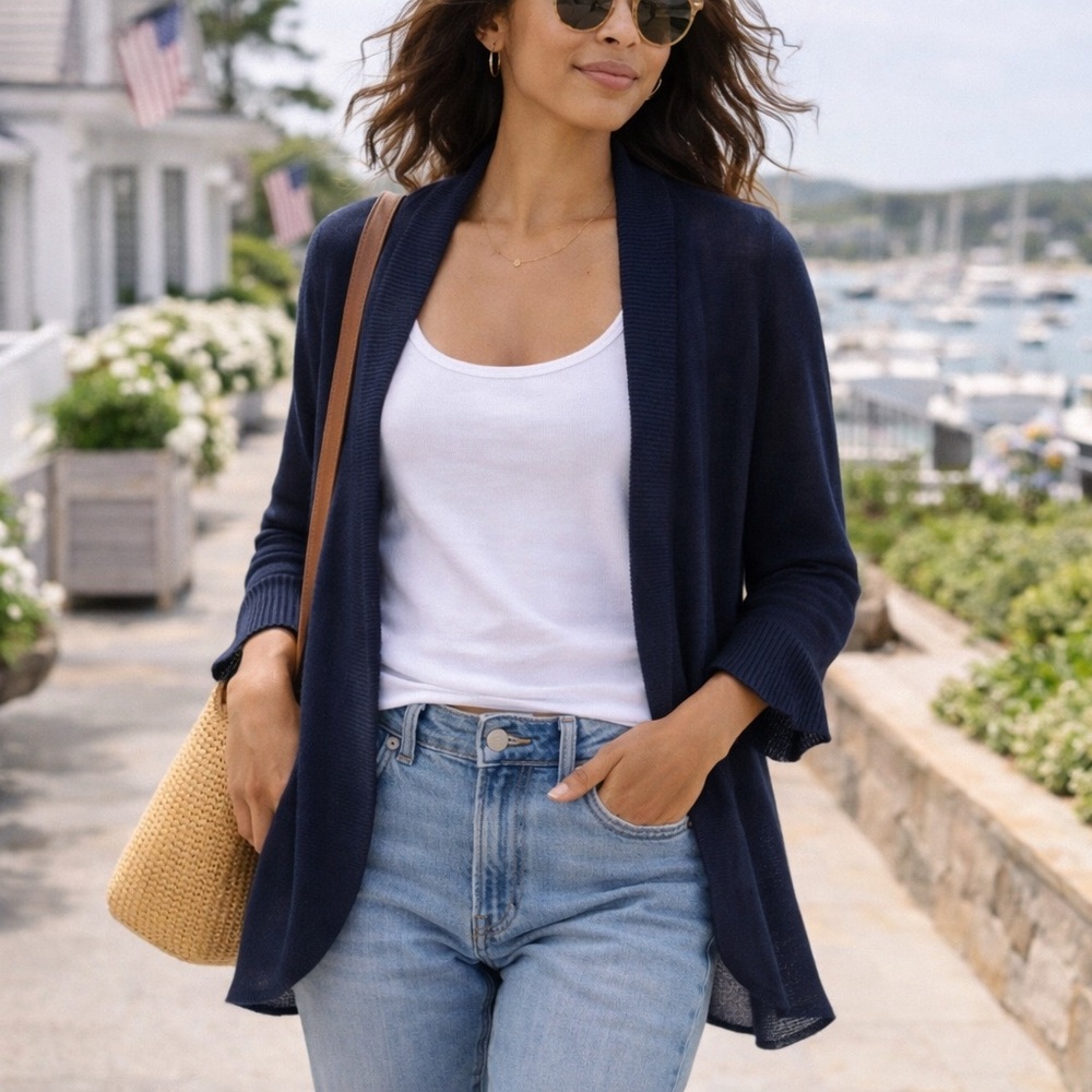 Lilly Pulitzer M Navy Open Front Cardigan w Ruffle Sleeve, Preppy Classic